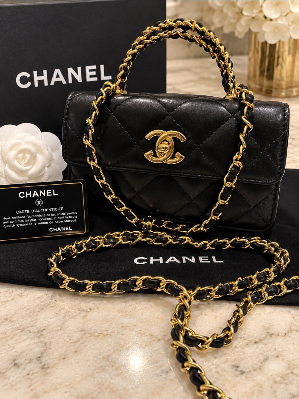 Source Unknown Black Quilted Mini Top-Handle Bag with Gold Chain
